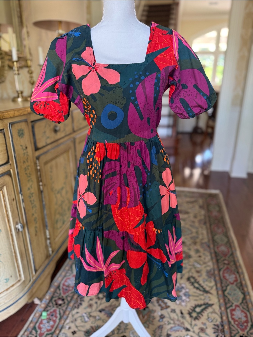 Square-Neck Floral Midi Dress in Dark Green and Pink